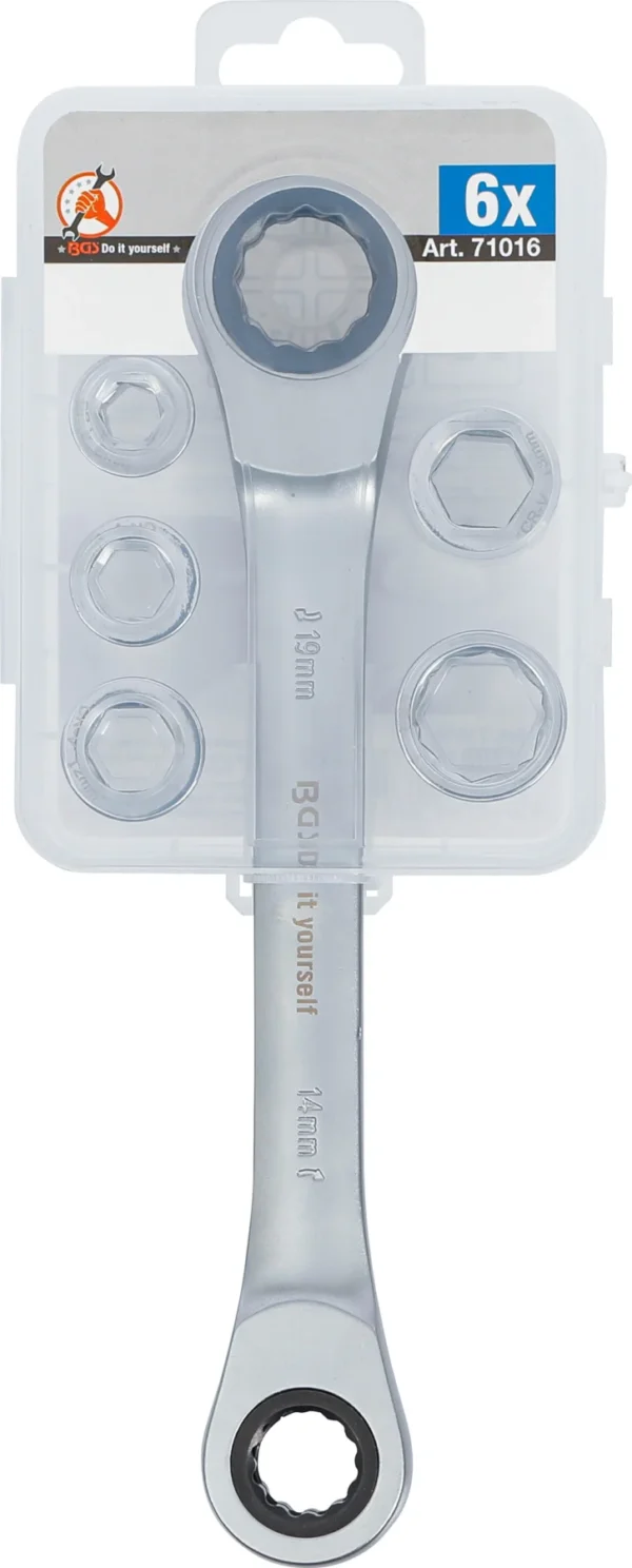BGS 71016 klucz oczkowy z grzechotką z zestawem adapterów, 8–19 mm, 6 szt.