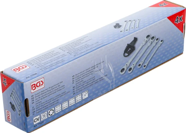 BGS 71028 zestaw dwustronnych kluczy oczkowych z grzechotką, łamany, z główkami oczkowymi o profilu E, E6–E24, 4 szt.