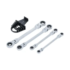BGS 71028 zestaw dwustronnych kluczy oczkowych z grzechotką, łamany, z główkami oczkowymi o profilu E, E6–E24, 4 szt.