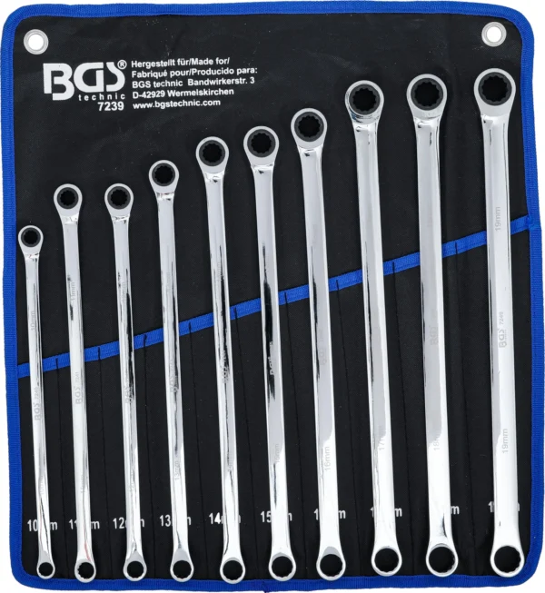 BGS 7239 zestaw kluczy oczkowych z grzechotką i bez grzechotki, wersja bardzo długa, 10–19 mm, 10 szt.