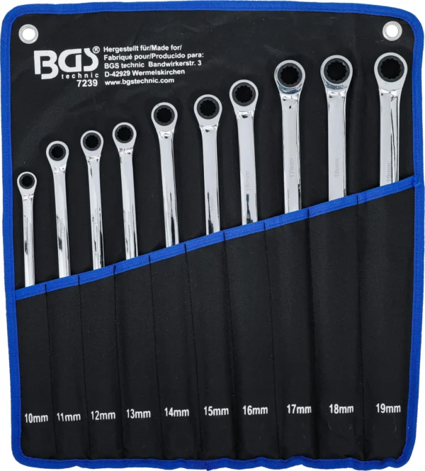 BGS 7239 zestaw kluczy oczkowych z grzechotką i bez grzechotki, wersja bardzo długa, 10–19 mm, 10 szt.