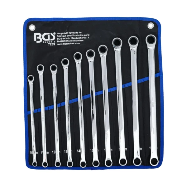 BGS 7239 zestaw kluczy oczkowych z grzechotką i bez grzechotki, wersja bardzo długa, 10–19 mm, 10 szt.