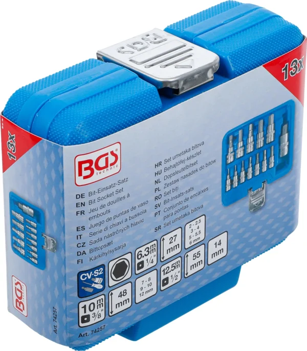 BGS 74257 zestaw nasadek do bitów, 6,3 mm (1/4") / 10 mm (3/8") / 12,5 mm (1/2"), gniazdo sześciokątne 2–14 mm, 13 szt.