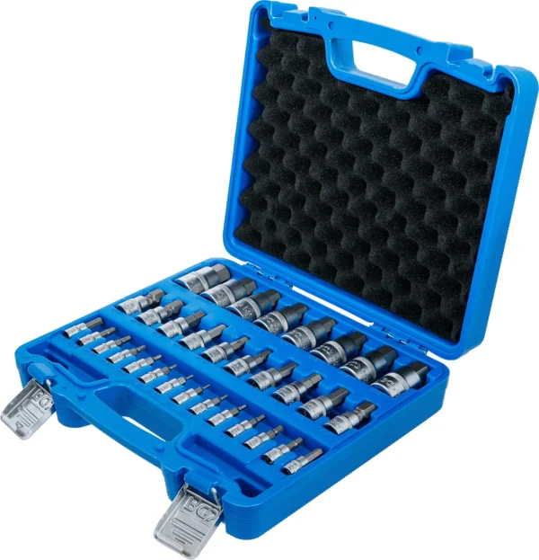BGS 74258 zestaw nasadek do bitów, 6,3 mm (1/4") / 10 mm (3/8") / 12,5 mm (1/2"), gniazdo sześciokątne 2–19 mm / 1/4–9/16", Wymiary metryczne i calowe, 32 szt.