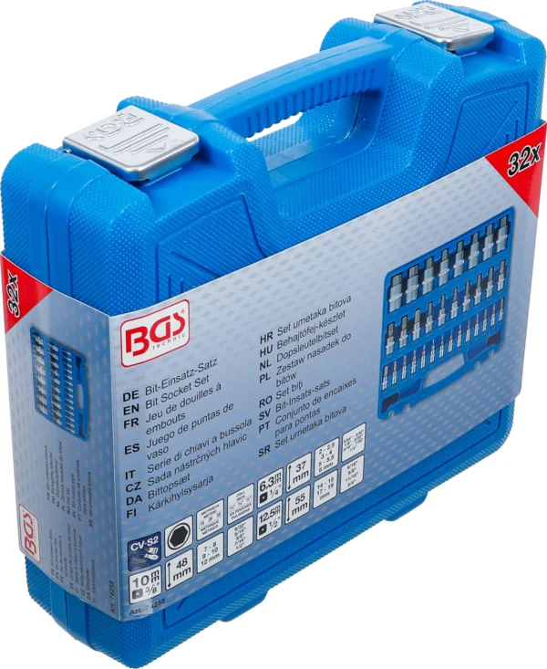 BGS 74258 zestaw nasadek do bitów, 6,3 mm (1/4") / 10 mm (3/8") / 12,5 mm (1/2"), gniazdo sześciokątne 2–19 mm / 1/4–9/16", Wymiary metryczne i calowe, 32 szt.