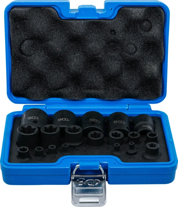 BGS 74554 zestaw nasadek udarowych, profil E Plus, 6,3 mm (1/4"), 10 mm (3/8"), 12,5 mm (1/2"), EP4–E32, 19 szt.