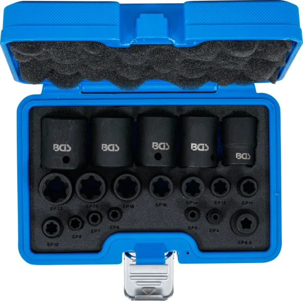 BGS 74554 zestaw nasadek udarowych, profil E Plus, 6,3 mm (1/4"), 10 mm (3/8"), 12,5 mm (1/2"), EP4–E32, 19 szt.