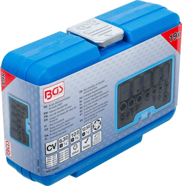 BGS 74554 zestaw nasadek udarowych, profil E Plus, 6,3 mm (1/4"), 10 mm (3/8"), 12,5 mm (1/2"), EP4–E32, 19 szt.
