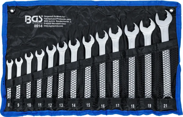 BGS 8914 zestaw kluczy płasko-oczkowych, klucz płaski z funkcją grzechotki, 8–21 mm, 13 szt.