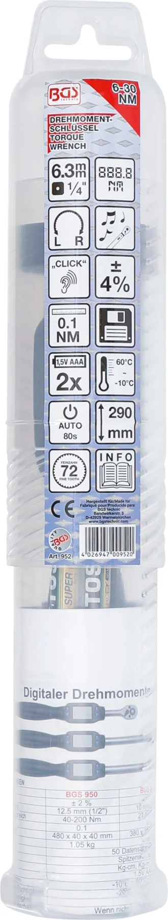 BGS 952 cyfrowy klucz dynamometryczny, 6,3 mm (1/4"), 6–30 Nm