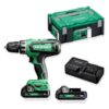 HiKOKI DV18DFWQZ wiertarko-wkrętarka udarowa 18V 55 Nm 2×2,0 Ah HSC – zawartość zestawu HiKOKI DV18DFWQZ wiertarko-wkrętarka udarowa 18V 55 Nm 2×2,0 Ah HSC – zestaw: narzędzie, akumulatory, ładowarka