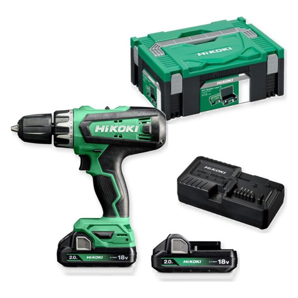 HiKOKI DV18DFWQZ wiertarko-wkrętarka udarowa 18V 55 Nm 2×2,0 Ah HSC – zawartość zestawu HiKOKI DV18DFWQZ wiertarko-wkrętarka udarowa 18V 55 Nm 2×2,0 Ah HSC – zestaw: narzędzie, akumulatory, ładowarka