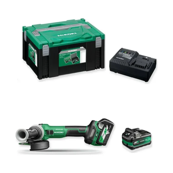 HiKOKI G3613DEWQZ szlifierka kątowa 36 V Multi Volt 125 mm 2×2,5 Ah HSC – zestaw: narzędzie, akumulatory, ładowarka