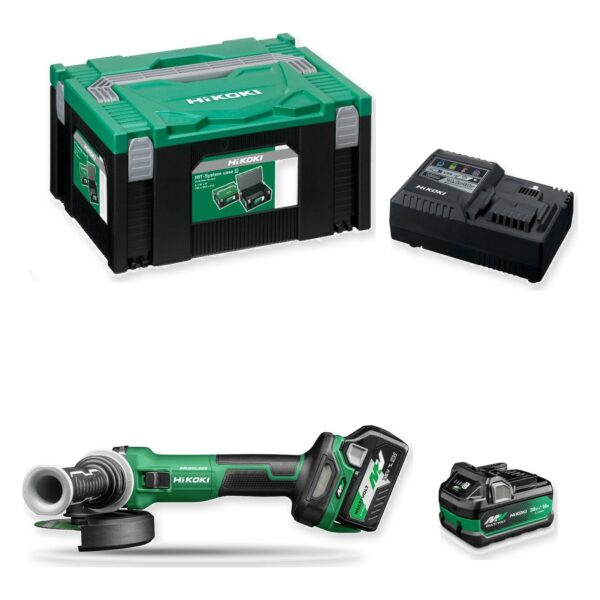 HiKOKI G3613DEWQZ szlifierka kątowa 36 V Multi Volt 125 mm 2×2,5 Ah HSC – zestaw: narzędzie, akumulatory, ładowarka