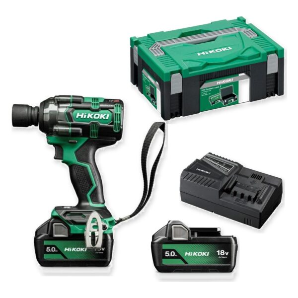 HiKOKI WR18DHWPZ klucz udarowy 18 V 1/2″ 345 Nm 2×5,0 Ah HSC – zestaw: narzędzie, akumulatory, ładowarka